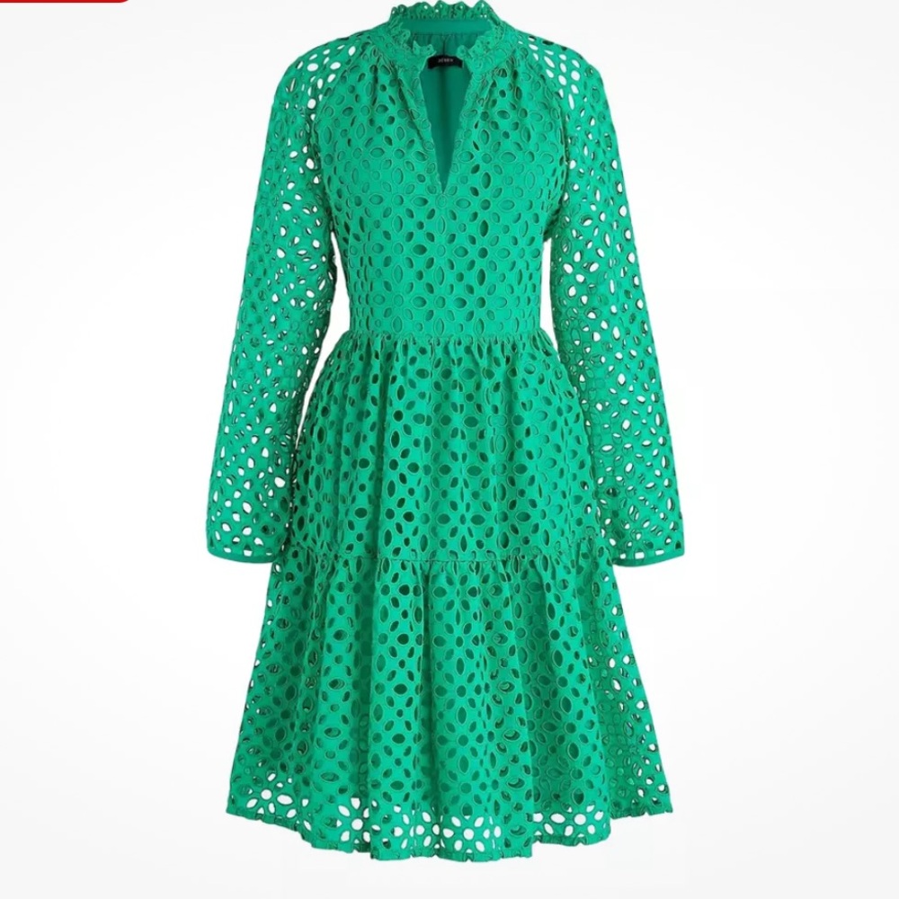 J. Crew Green Eyelet Lace Long-Sleeve Fit-and-Flare Dress